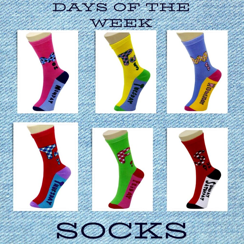 Days of the Week Crew Novelty Socks 9-11 Gift Set of Six Pair of Socks Yelete